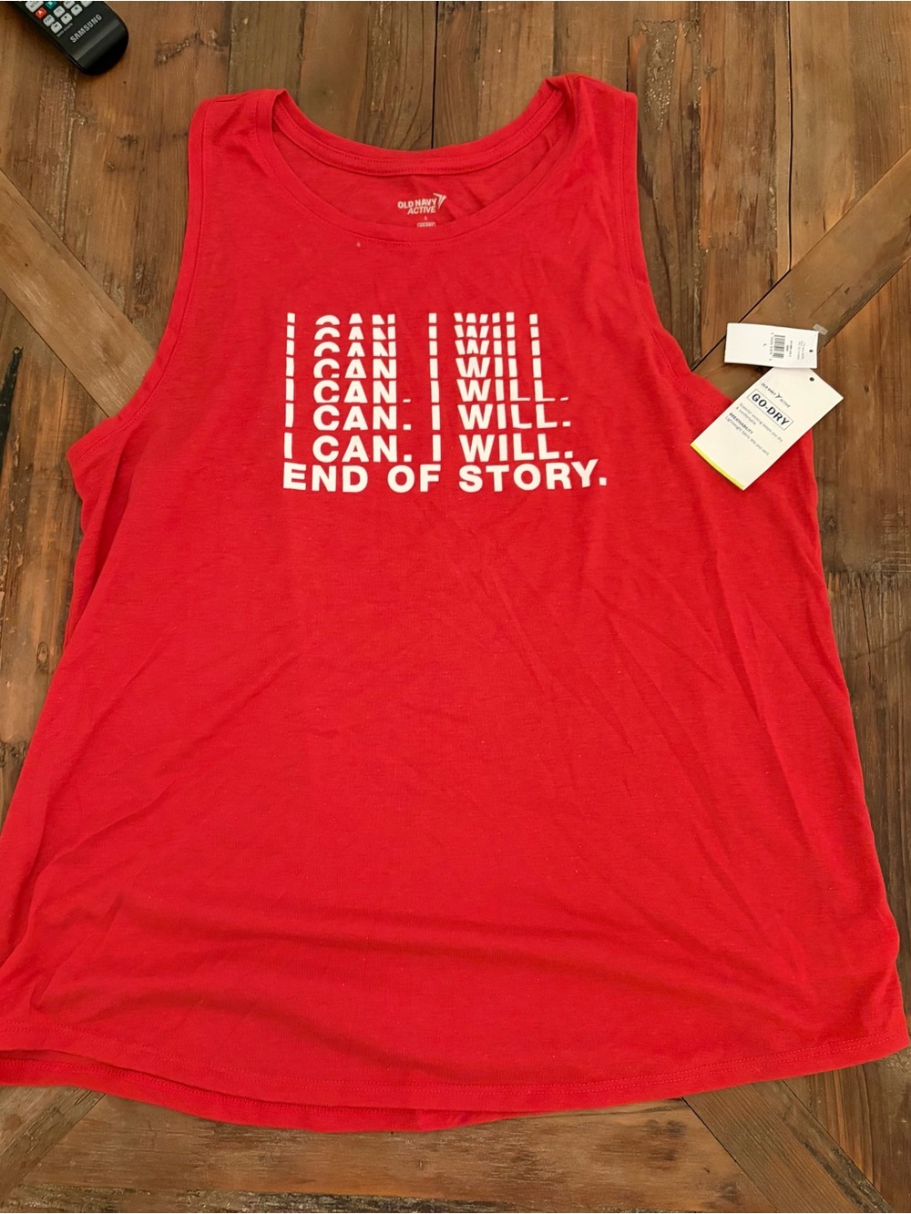 Old Navy Red Graphic Muscle Tank with White Motivational Text